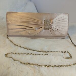 Kate Landry Ladies Gold Satin Clutch Purse W/Gold Chain & Rhinestone Accent